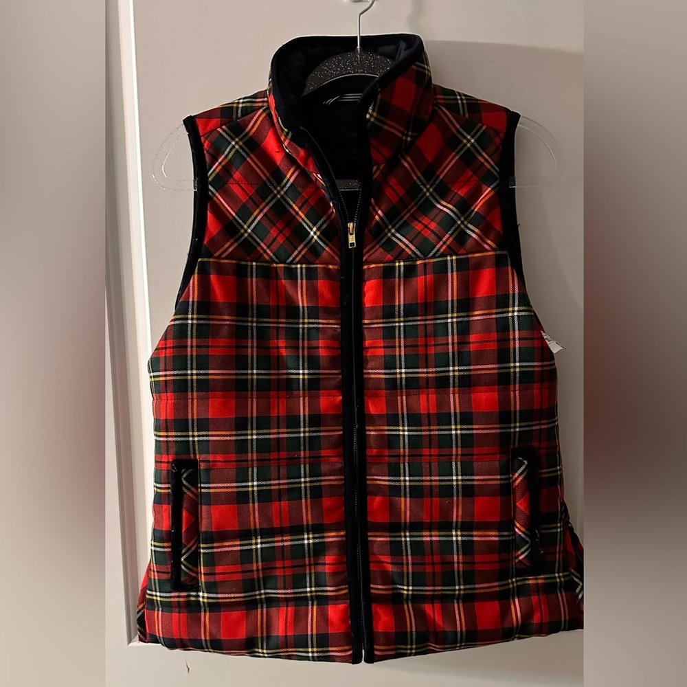 J. CREW Wool Blend Tartan Plaid Mountain Puffer Vest with Velvet Trim